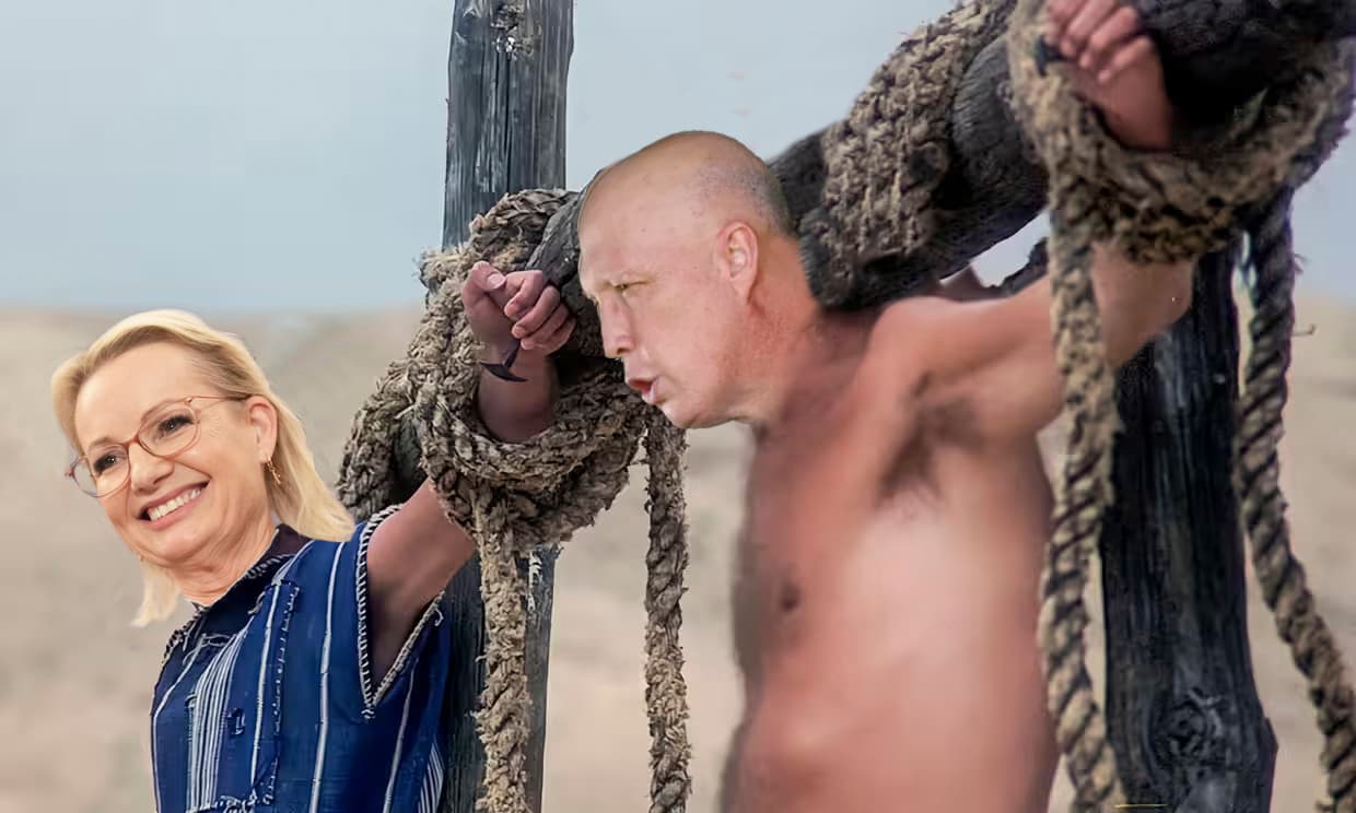 Photo composite showing man and woman being crucified