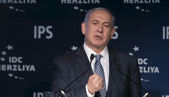 Israel’s Prime Minister Benjamin Netanyahu speaks during thel Herzliya conference in Herzliya near Tel Aviv