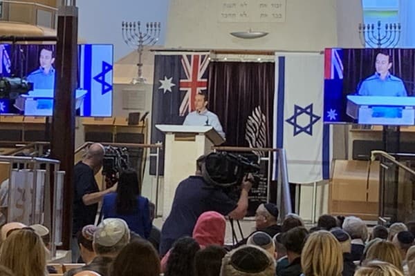 Federal member for Wentworth, Dave Sharma, addresses the rally in Sydney, May 23 (Uri Windt)