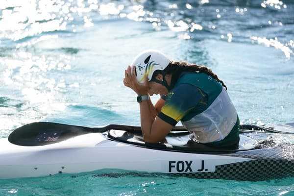 Jessica Fox in despair after the K1 final on Wednesday, when she had to settle for bronze (Joe Giddens/AAP)