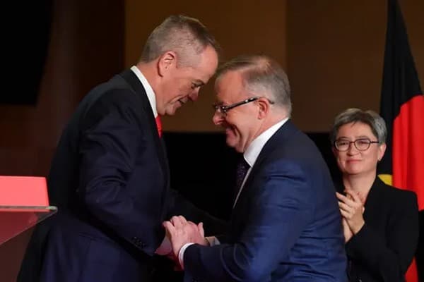 Bill Shorten, Anthony Albanese and Penny Wong at the ALP conference in March