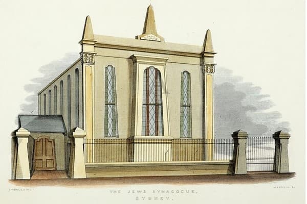 York Street Synagogue, 1848: Joseph Fowles included this hand-coloured etching in his book Sydney in 1848