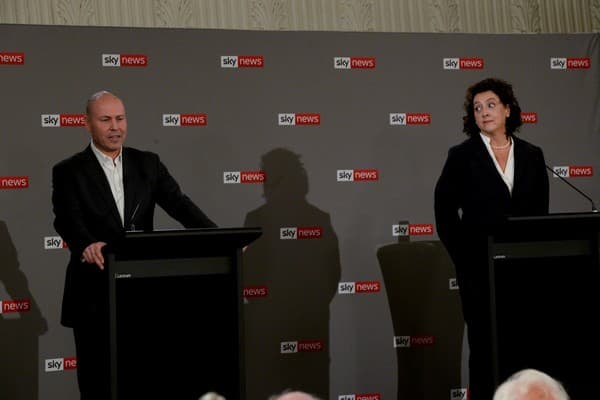Josh Frydenberg and Monique Ryan at the Kooyong candidates forum (AAP)