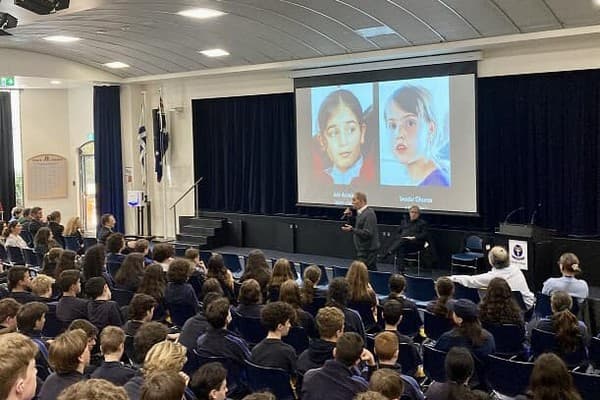 Rami and Bassam addressing students at Bialik College in Melbourne in May