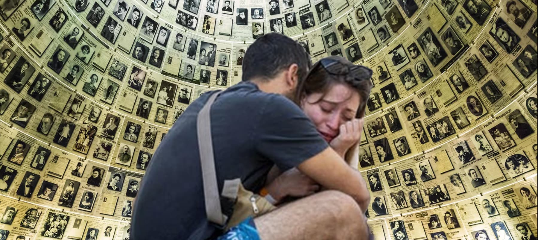 man and woman hugging in front of a background of many faces