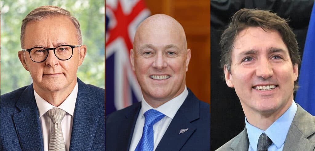 Australian Prime Minister Anthont Albanese, NZ Prime Minister Christopher Luxon, Canadian Prime Minister Justin Trudeau.