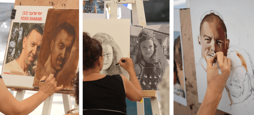 Artists at work on hostage portraits outside Tel Aviv Museum of Art (Freshpaint)