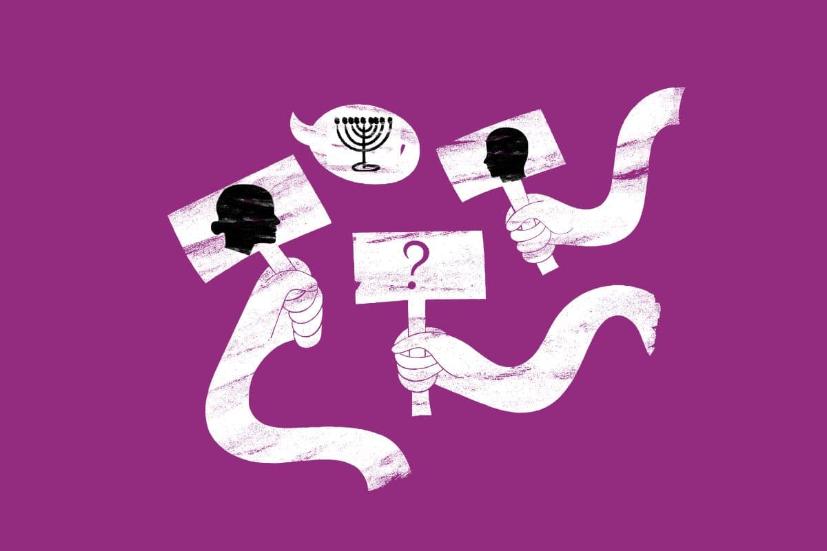 hands holding signs with faces, a question mark, and a menorah