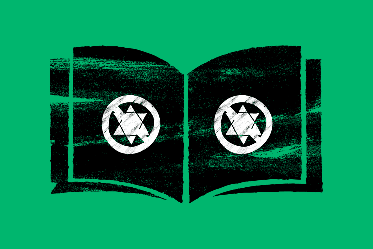 An illustration of a book with two Stars of David crossed out depicting antisemitism