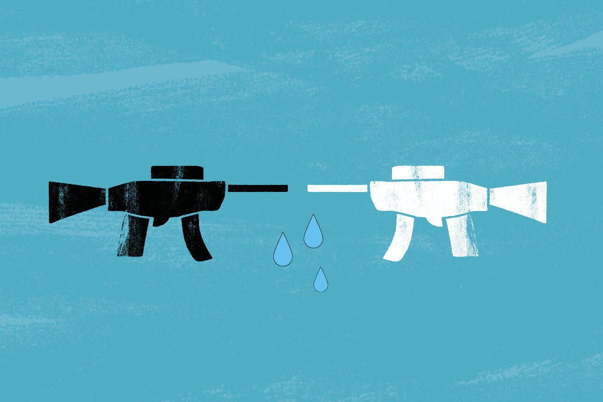 machine guns facing one another with teardrops falling from them