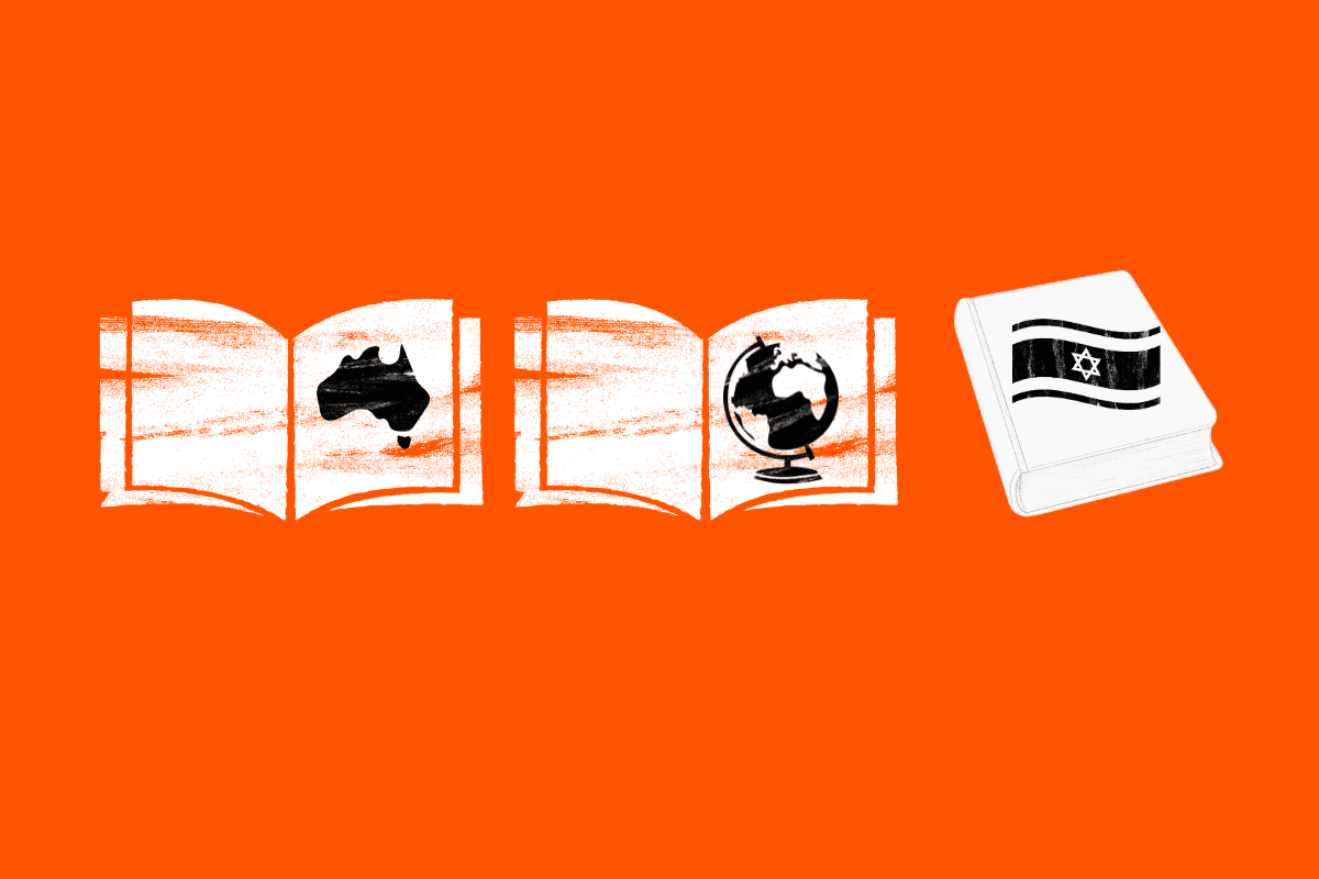 open book with map of Australia, open book with globe of world, closed book with Israeli flag