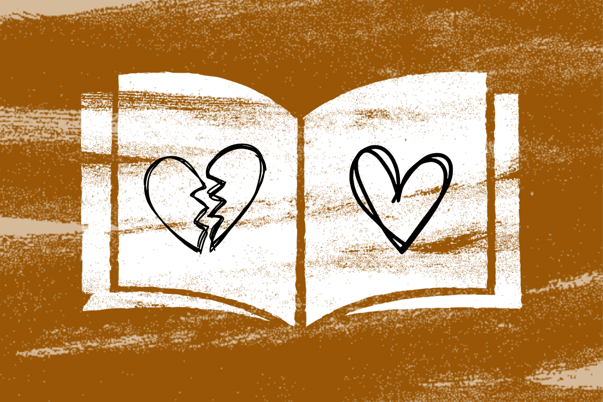 A book with a broken heart on one side and a full heart on the other