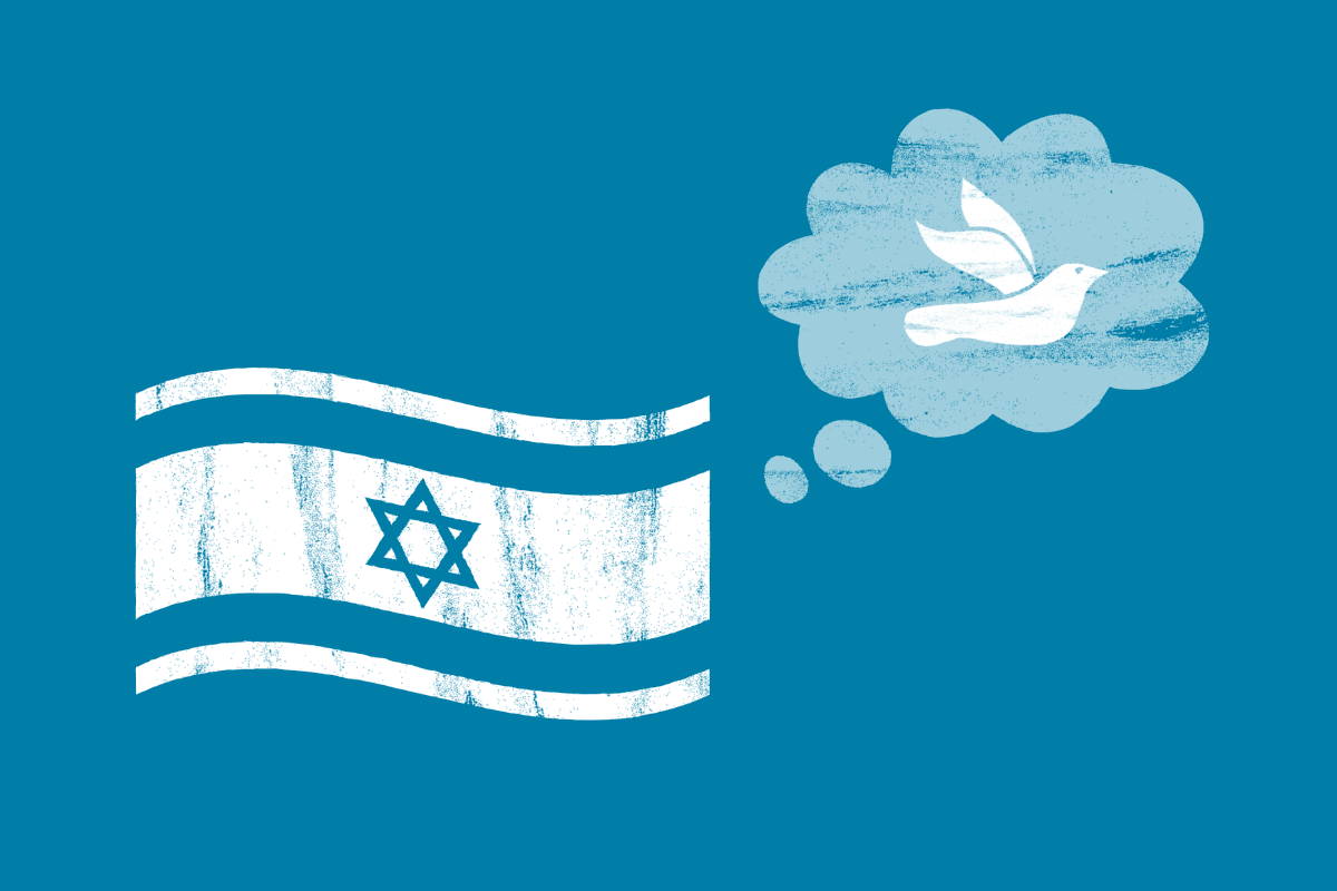 Israel flag with a thought bubble of a peace dove