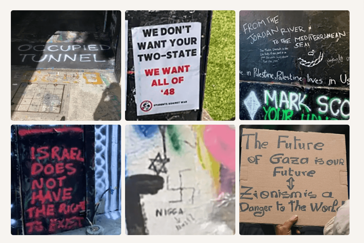 Posters with swastikas and slogans at Sydney University, including 'We don't want your two-state we want all of '48'