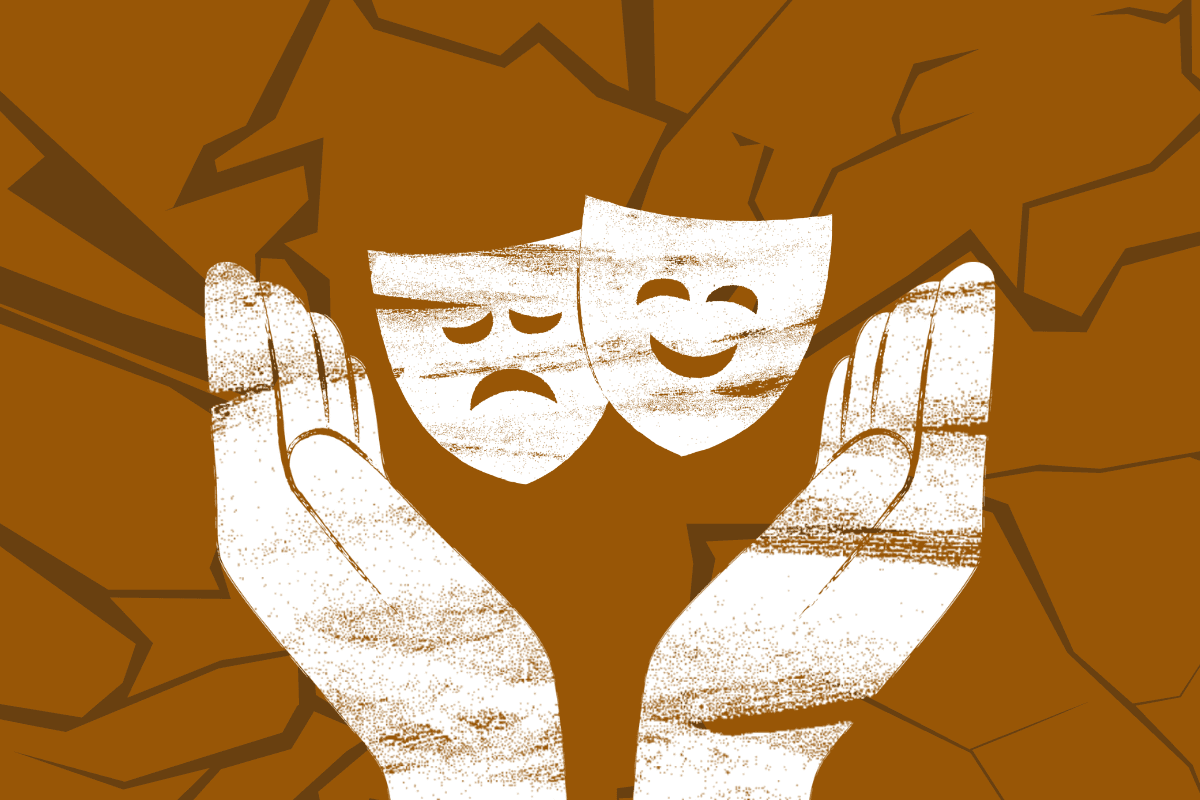 Illustration of a pair of hands holding an theatre symbol against a shattered background