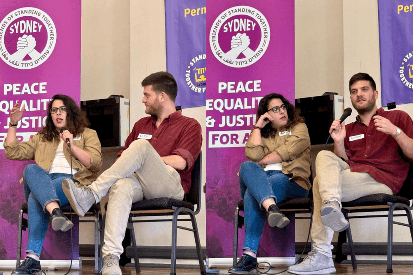 Nadav Shofet (RHS) and Shahd Bishara speaking in Australia as representatives of Standing Together (Image: Sydney Friends of Standing Together).