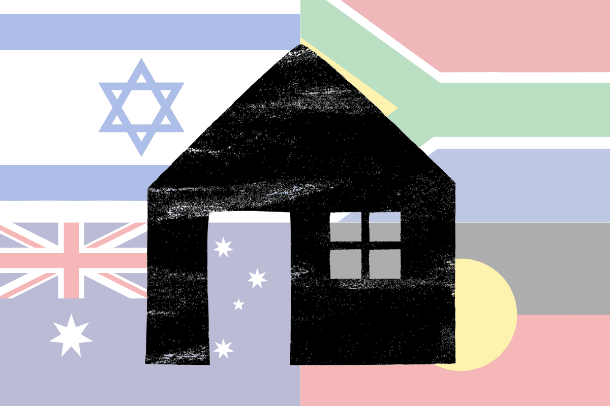 Image of a house in front of four flags: Israeli, South African, Australian and Aboriginal