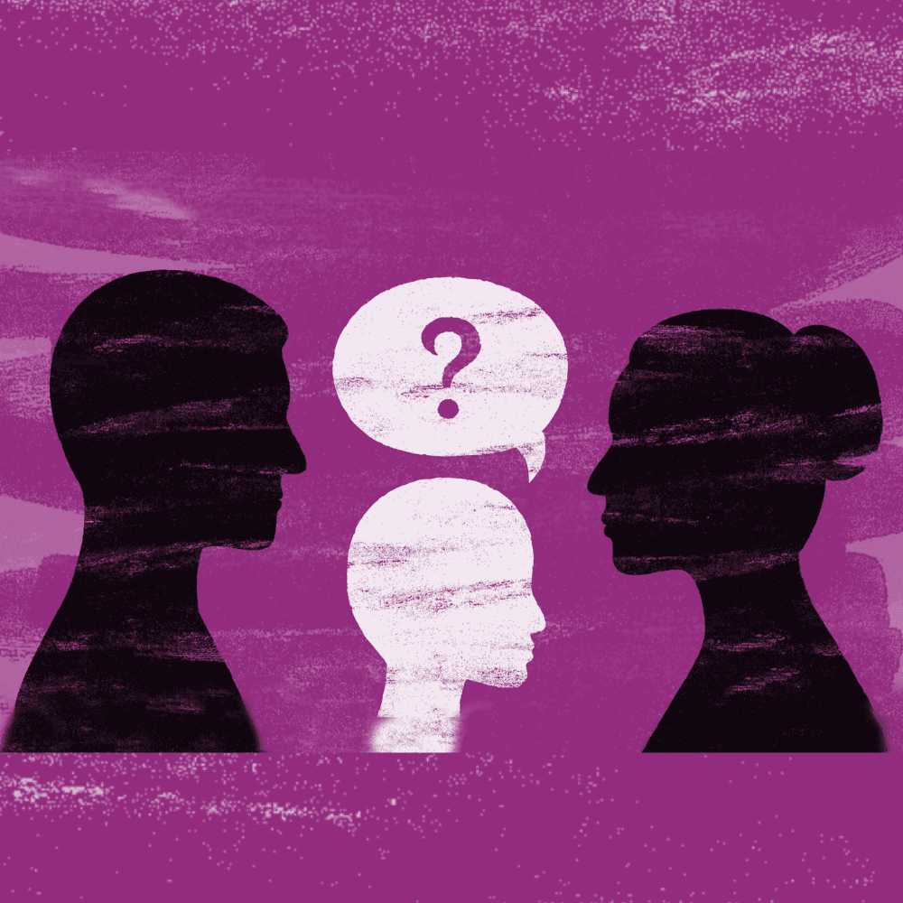 A purple banner with a cartoon dad, mum and child and question mark coming from child