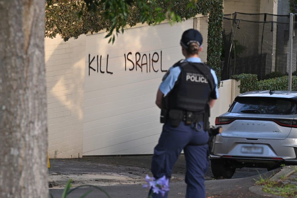 Anti-Israel graffiti is seen on Magney St, Woollahra in Sydney, December 11 (AAP/Mick Tsikas)