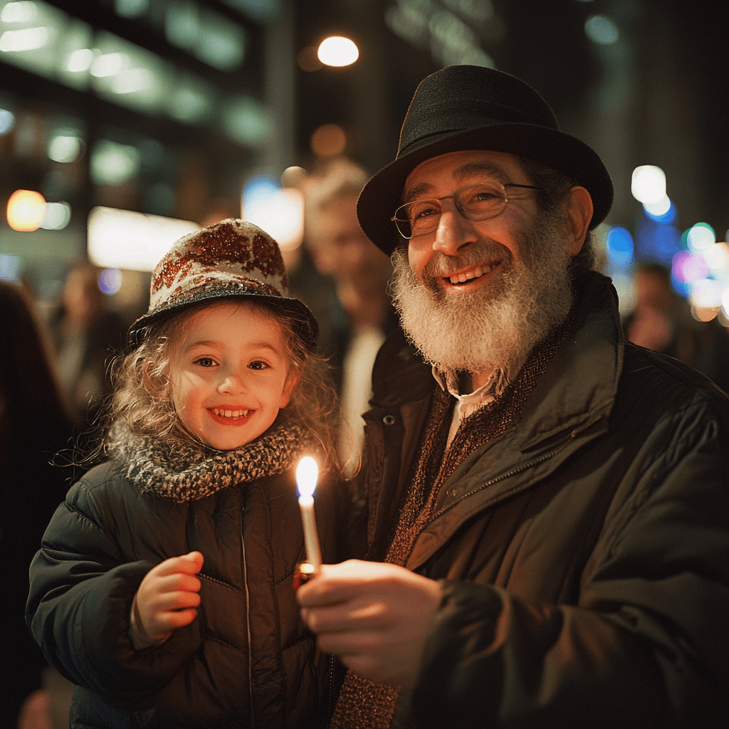 Jewish family celebrating chanukkah on bourke street in Melbourne