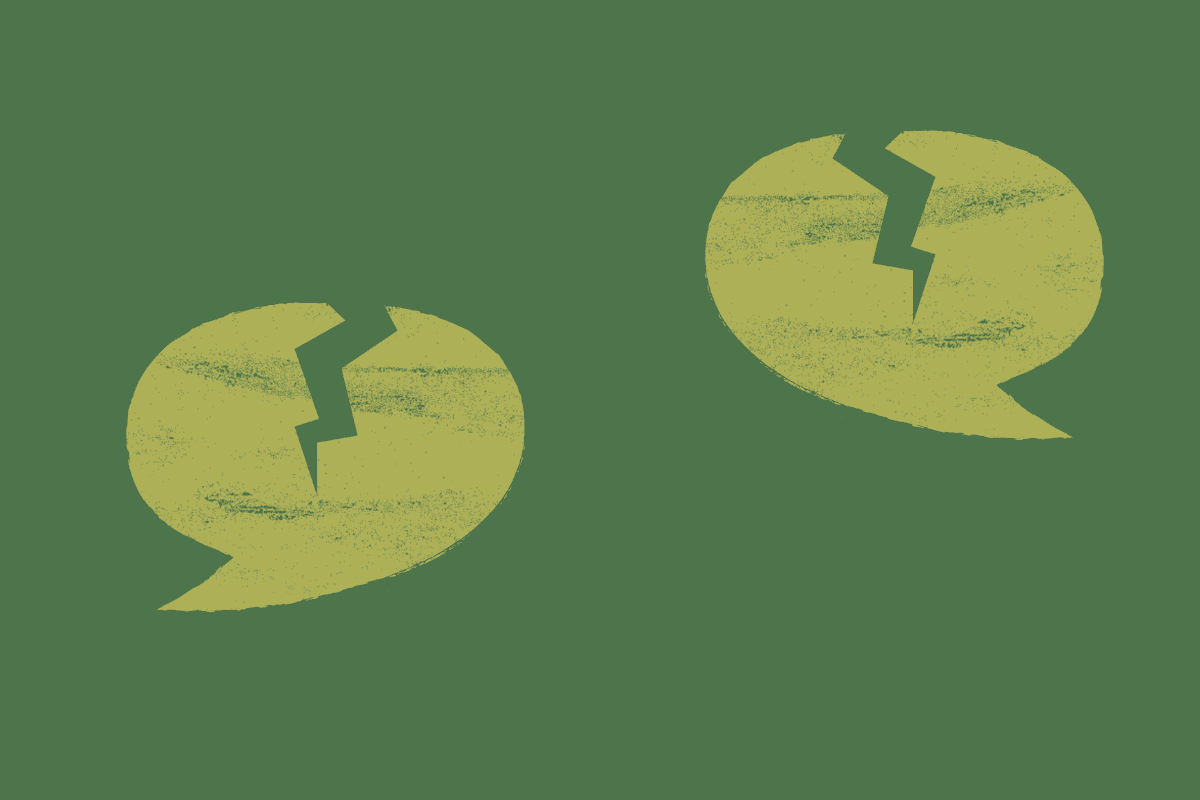 two speech bubbles with cracks