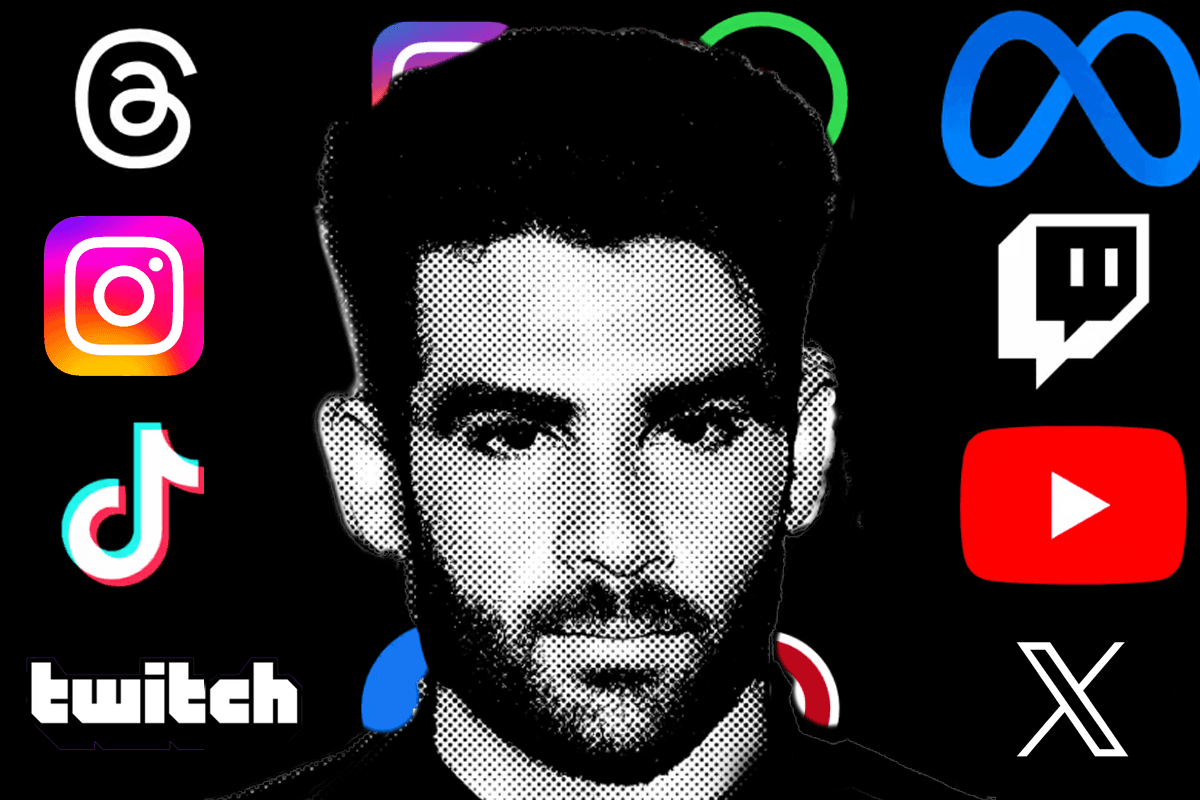 Bearded man with social media logos behind him