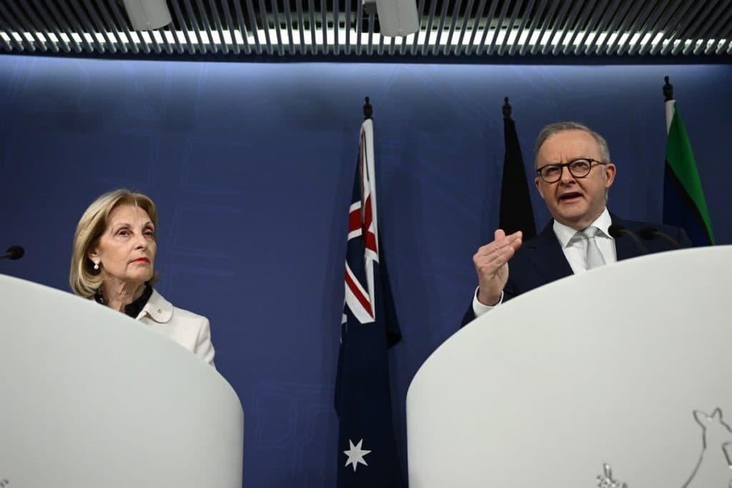 Prime Minister Anthony Albanese and Jillian Segal at the launch of the report on July 10 (Image: AAP/Dan Himbrechts).