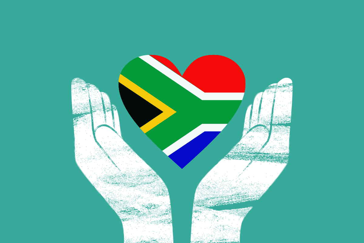 Hands holding a heart shape with a south african flag