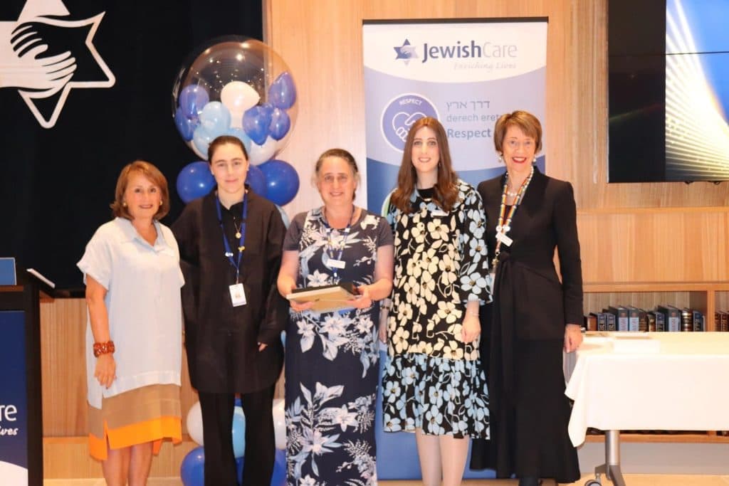 Freudenberger (second from RHS) with her social work colleagues, CEO Gayle Smith (RHS) and co-president Lisa Kennett (LHS) at Jewish Care's Staff and Volunteer Awards 2024, where the social work team was awarded (Image: supplied).