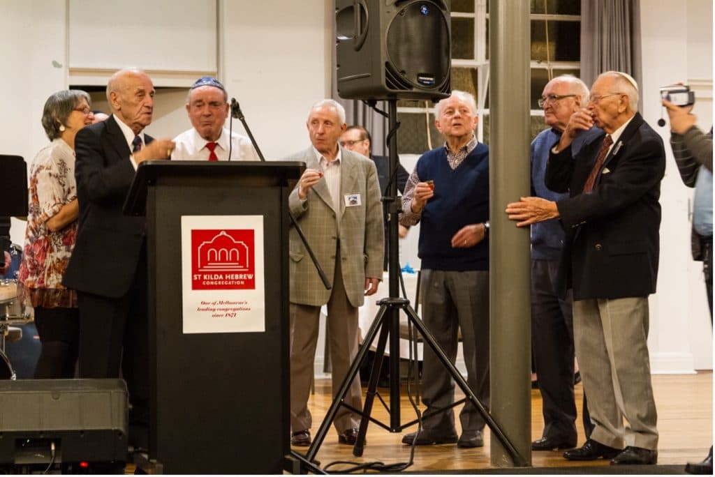 Szaja Chaskiel, Henry Salter, Emil Koppel, Joe Kaufman, Salek Roth and Kuba Enoch at the 2016 Buchenwald Ball (Image: Andrew Harris).