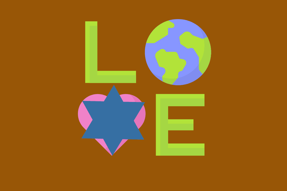 The word LOVE in a square (in the style of the Indiana artwork) with the O replaced by a globe and the V replaced by a heart with a Star of David.