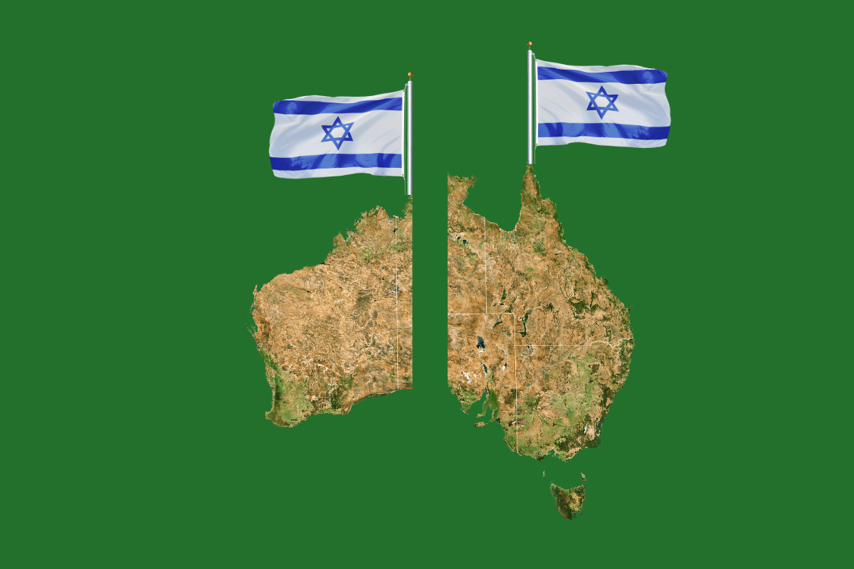 Map of Australia divided in two each with an Israeli flag