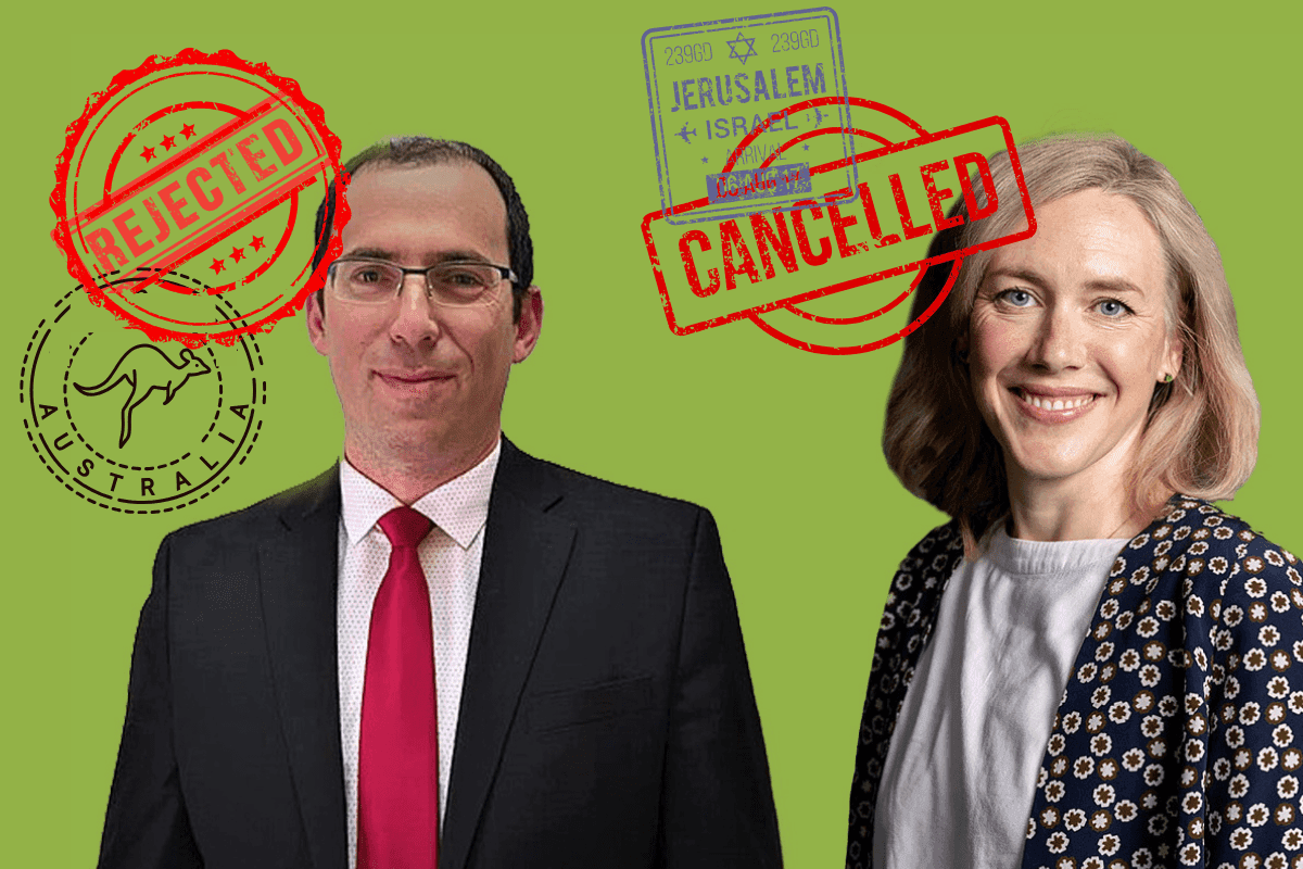 A man and a woman with visa stamps reading cancelled, rejected, Israel and Australia