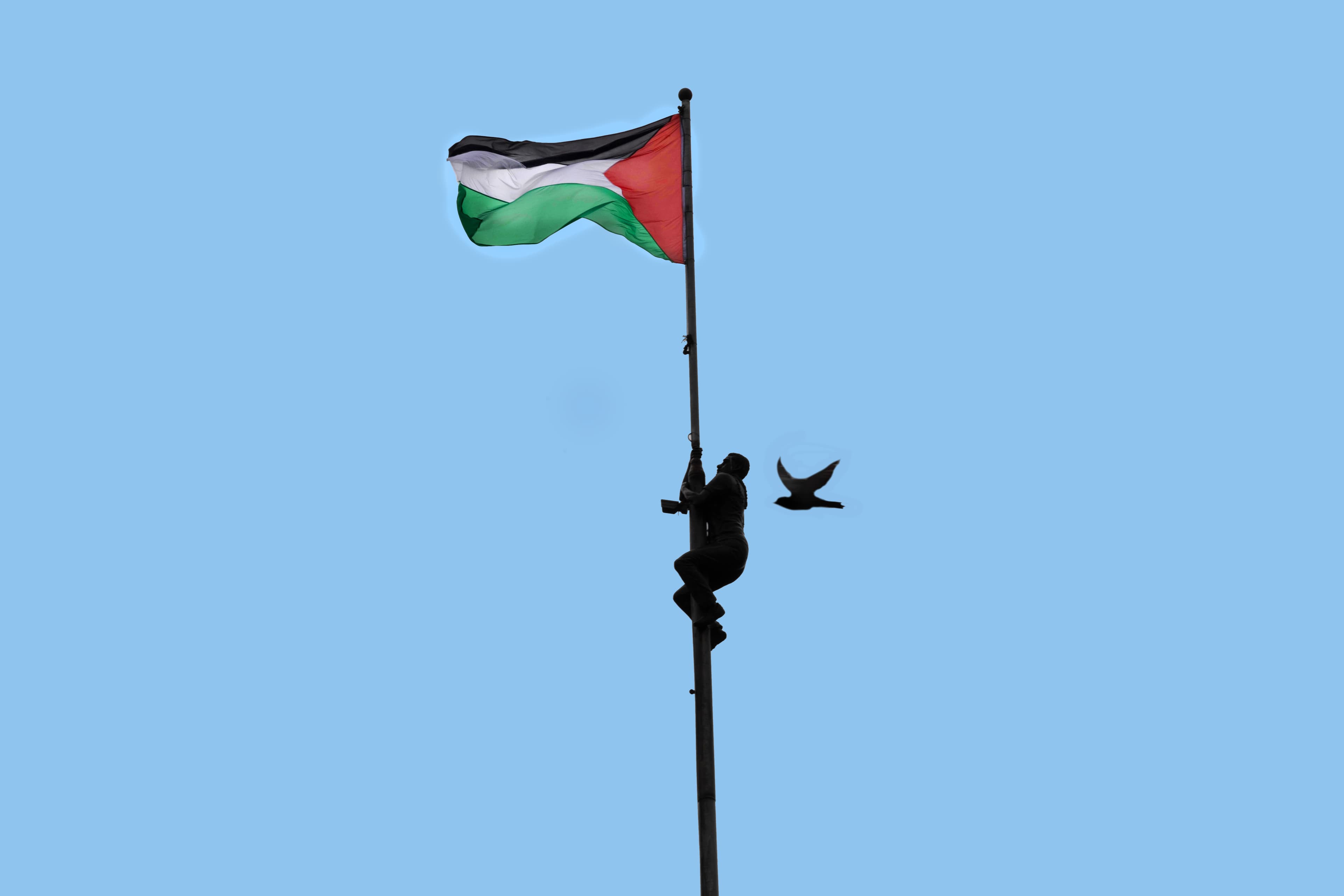 Black white green and red flag on a flag pole featuring a climbing man with a bird flying nearby