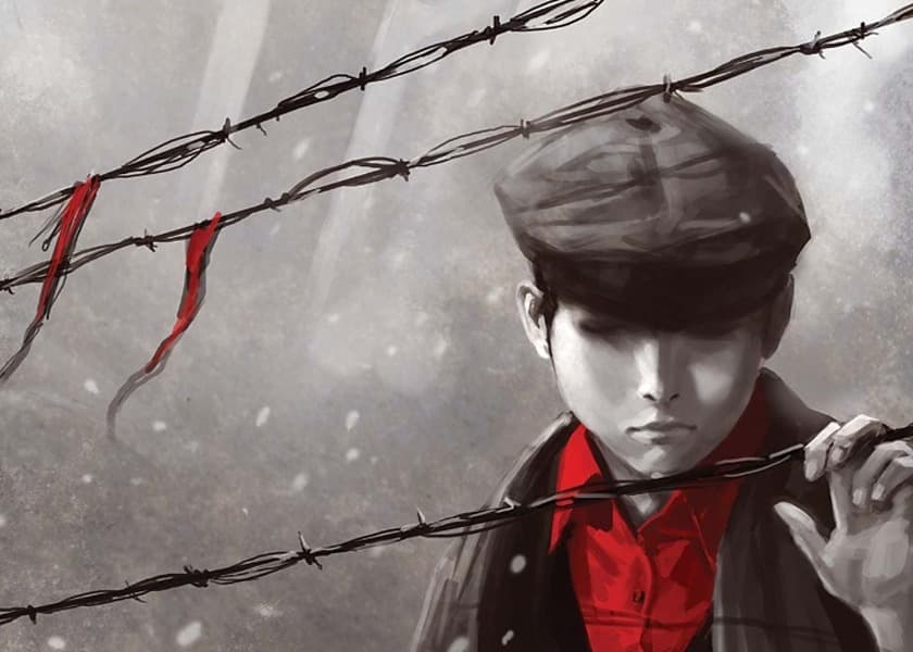 Boy in cap looking through barbed wire, drawn in a graphic style