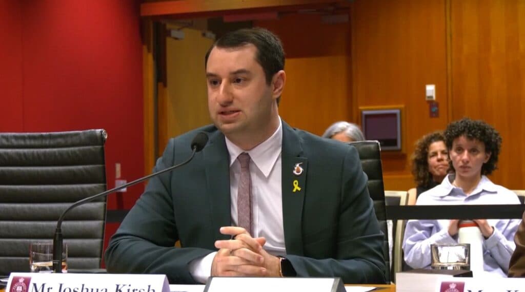 Kirsh at NSW Parliament House giving evidence at the Legislative Council’s 2025 inquiry into antisemitism on behalf of Youth HEAR (Image: LinkedIn).