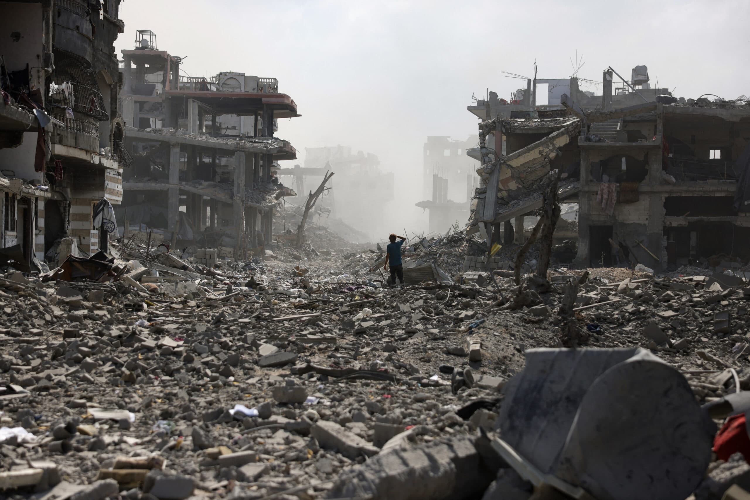 A street strewn with rubble