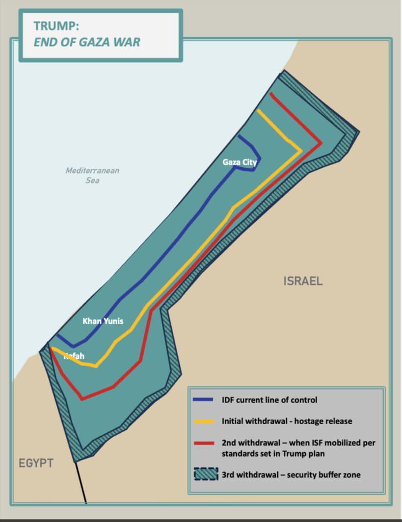 The stages of Israeli military withdrawal, as outlined in Trump's plan to end the Gaza war, released on Monday. Credit: <em>White House</em>.