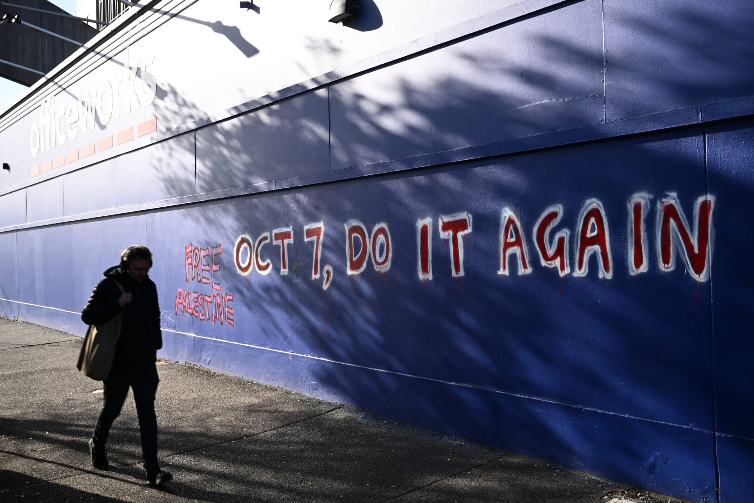 Graffiti calling for another October 7 style attack, written on a Melbourne retail store two years exactly after the 2023 attack (AAP Image/Joel Carrett)