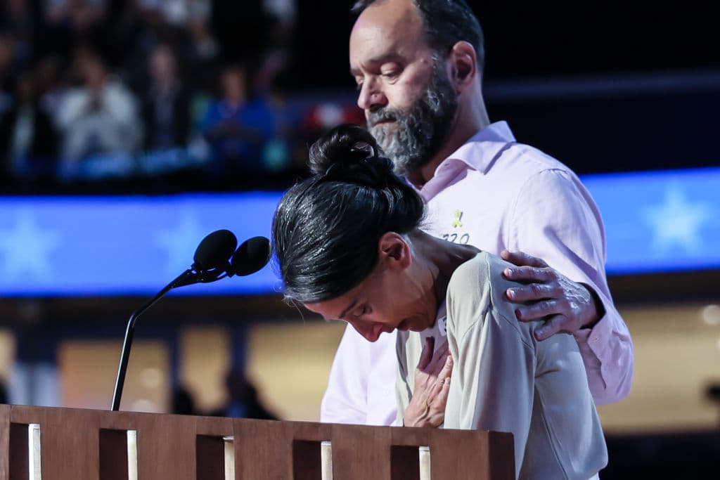 Jon Polin and Rachel Goldberg-Polin speaking in August 2024, soon after learning of the death of their son Hersh, who was killed as a Gaza hostage (Robert Gauthier/Los Angeles Times via Getty Images)