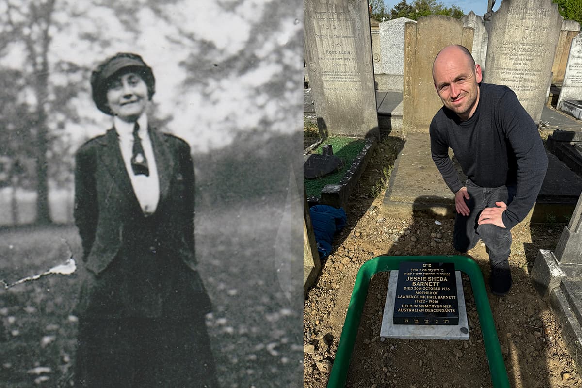 Dashiel Lawrence (right) with the headstone he had made for his great-grandmother Jessse Sheba Barnett (left)