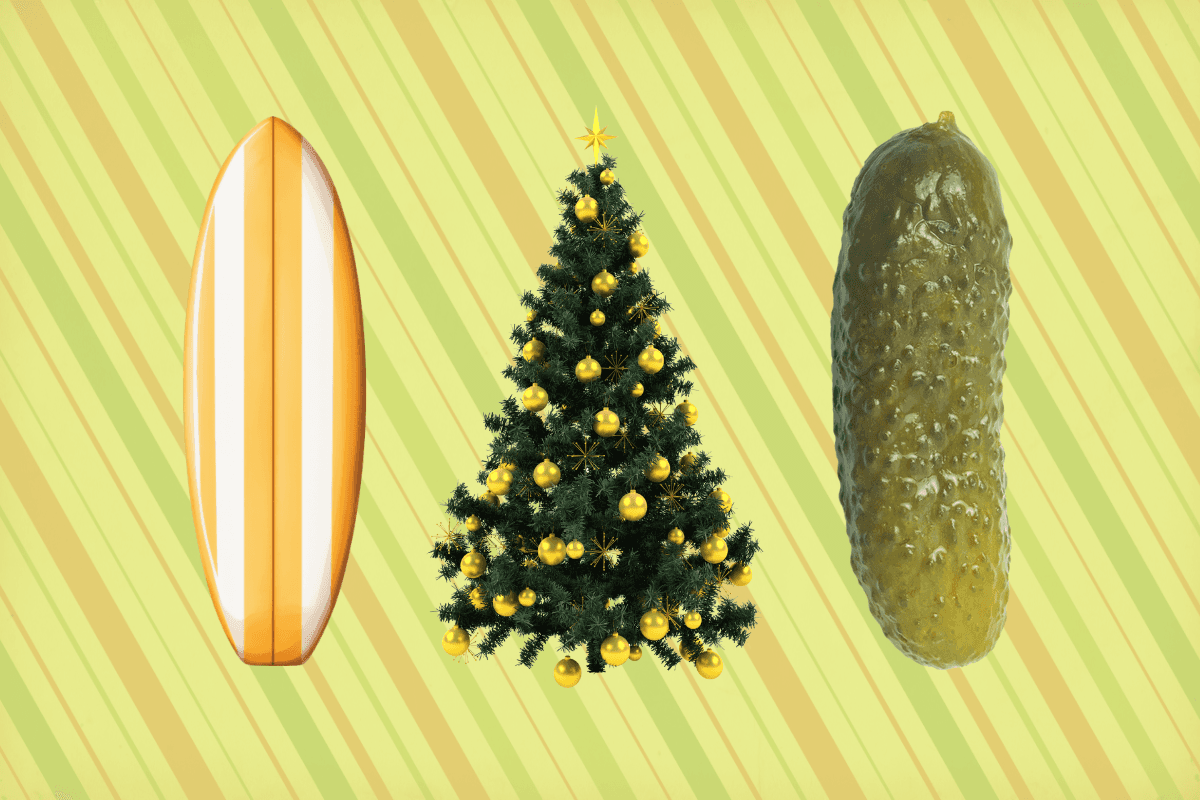 Surfboard, christmas tree and pickle