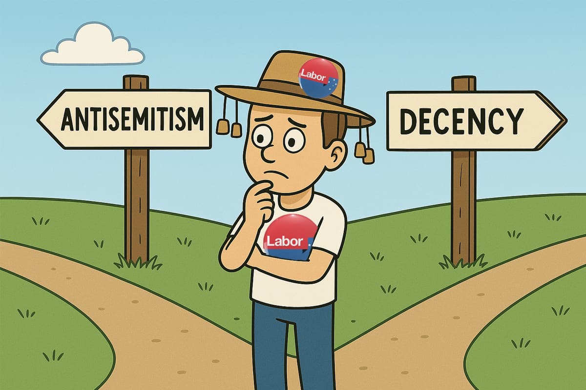 man in Akubra with Labor burt button at a crossroads with two signposts pointing in opposite directions, one reading Antisemitism and the other reading Decency