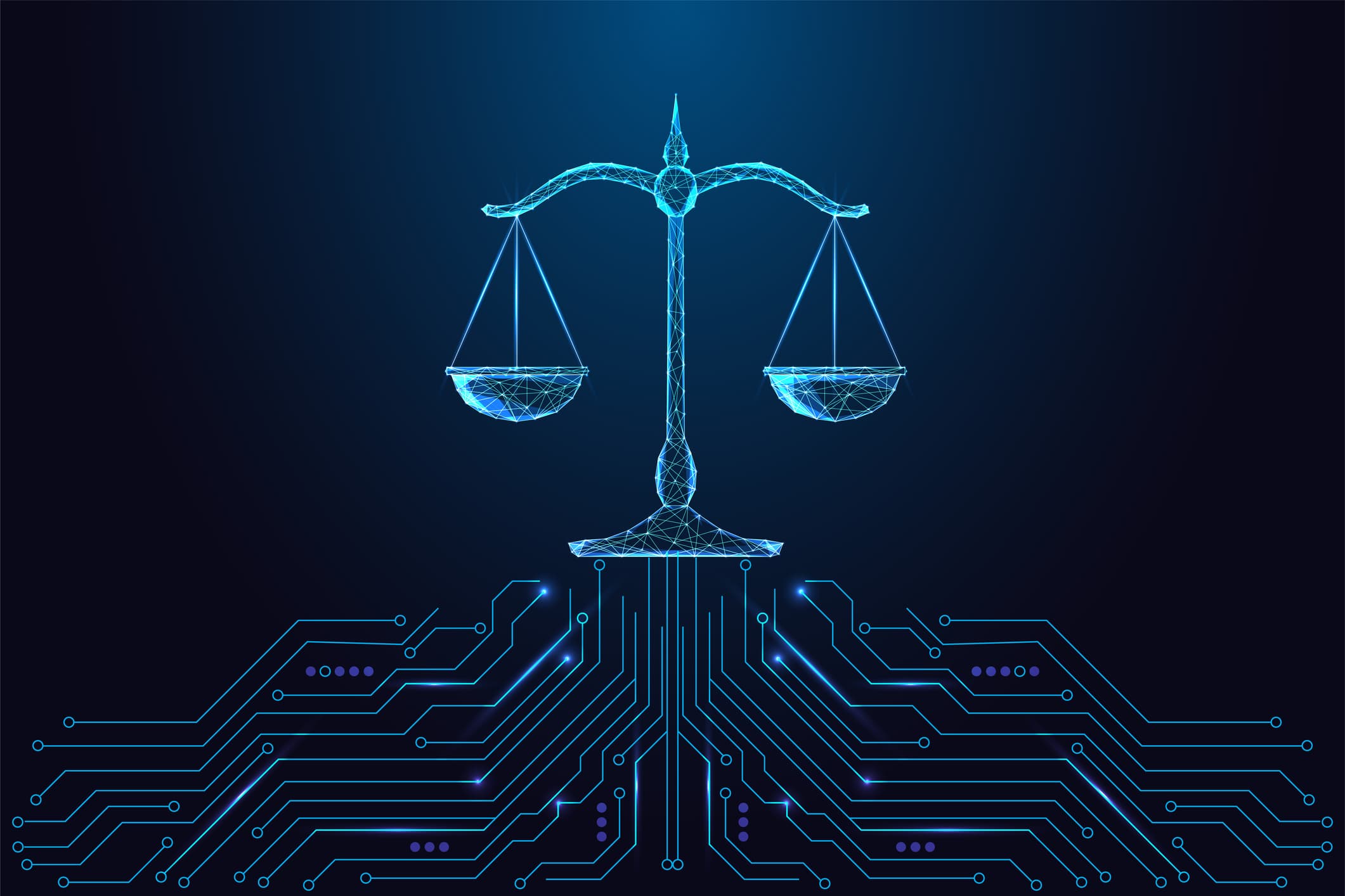 AI ethics, Digital law, justice technology concept with glowing balance scale, vector illustration