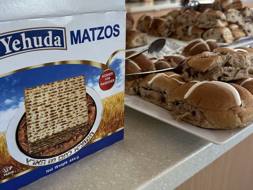 Matzah and hot cross buns on offer side by side at Caulfield Grammar School (supplied)