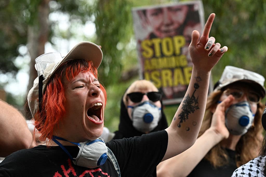 Pro-Palestinian protesters at a rally against police action during the visit of Israeli President Isaac Herzog in February 2026 (Saeed Khan/AFP via Getty Images)