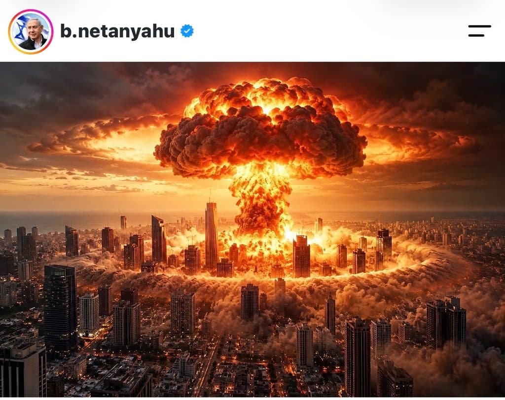 AI image of atomic bomb over Tel Aviv: ‘Nothing else will matter’ (Photo: Prime Minister Benjamin Netanyahu's Instagram account October 25, 2026)<br><br>
