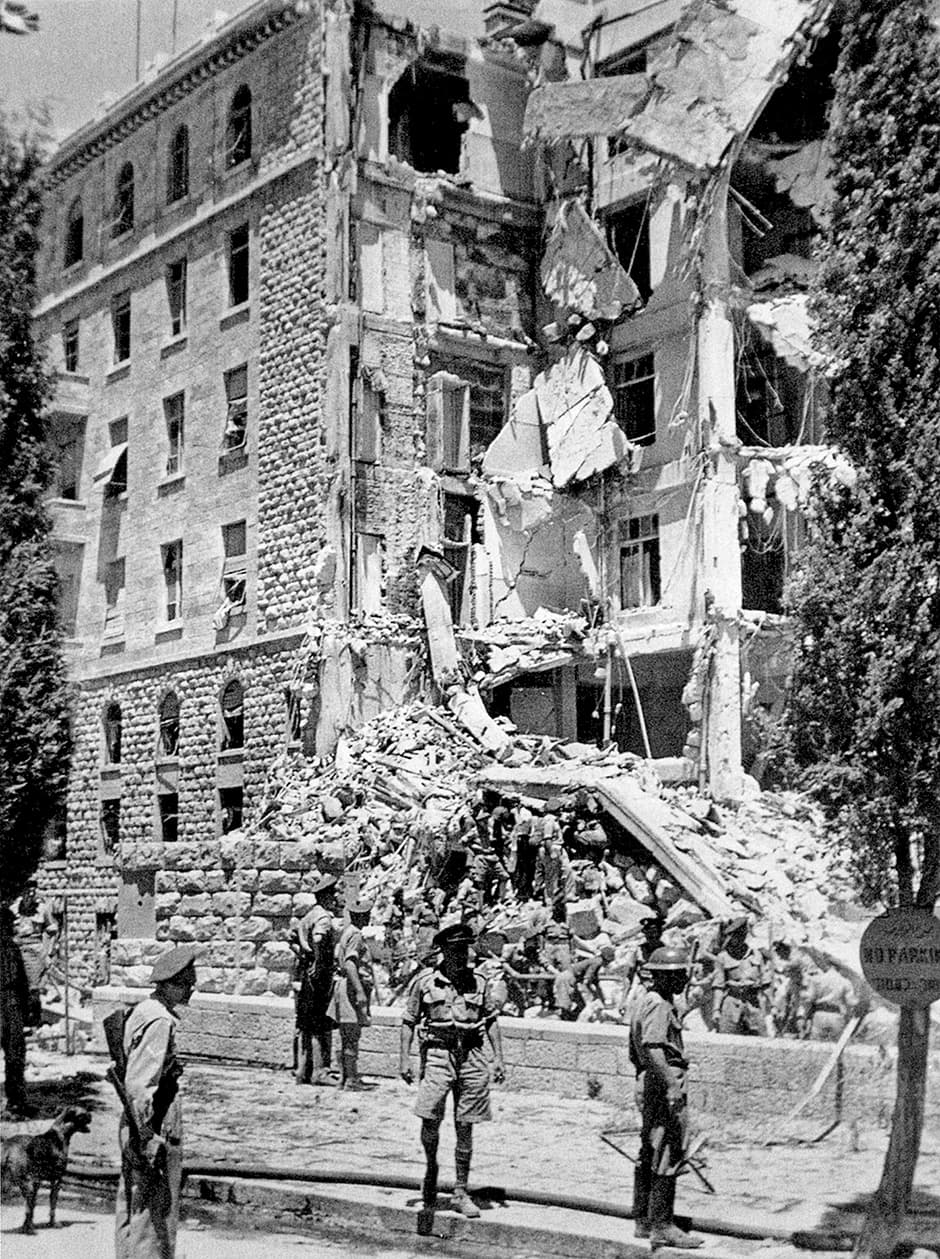 A British army officer and troops outside of the King David Hotel, which had been bombed by the underground Zionist group the Irgun, Jerusalem, July 1946