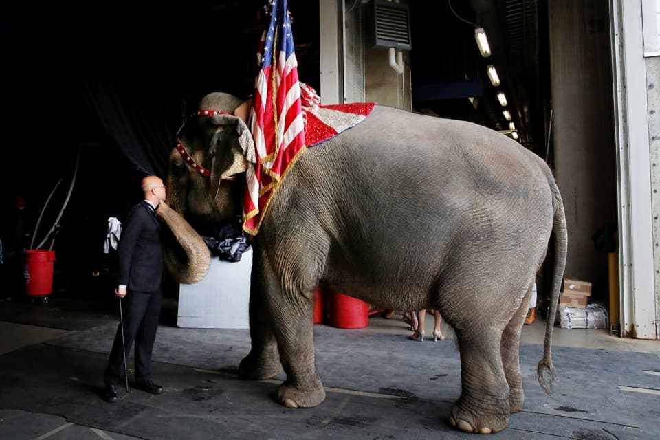 Senior Elephant Handler Ryan Henning kisses an elephant before the matinee on the final day of elephant performances in the Ringling Bros and Barnum & Bailey Circus at the Mohegan Sun Arena at Casey Plaza in Wilkes-Barre, Pennsylvania, U.S.