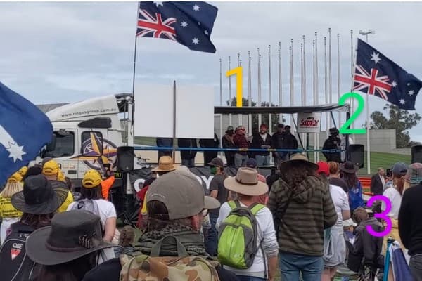 Photo: Mark McMurtrie on stage (1), PA system speaker (2) and Craig Kelly (3)